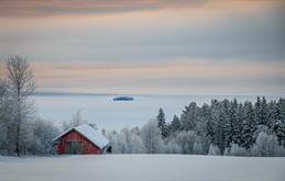 Auf dem Bild sieht man ein rotes Haus in einer verschneiten Landschaft in Schweden.